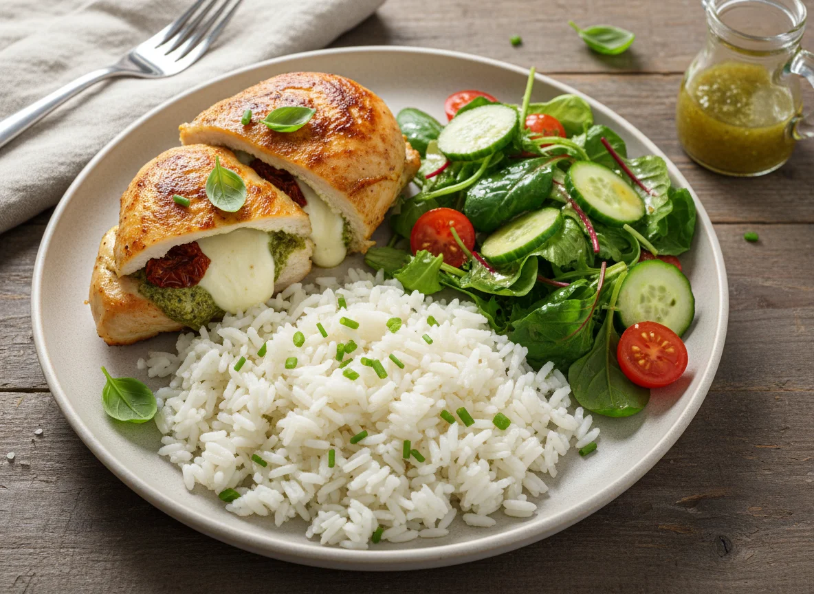 Gefüllte Hähnchenbrust mit Reis und Beilagensalat photo