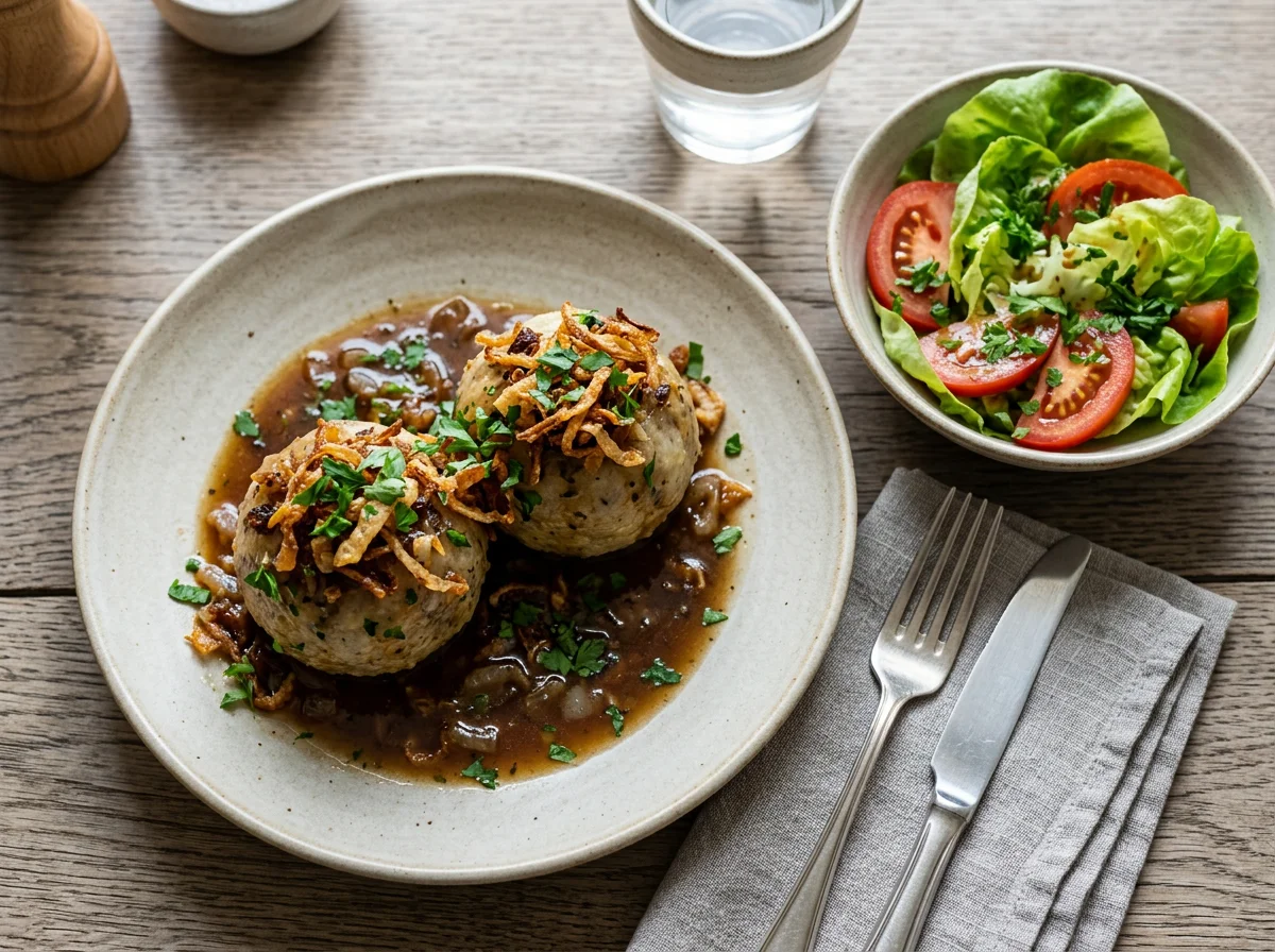 Gefüllte Knödel mit Röstzwiebeln und Beilagensalat photo