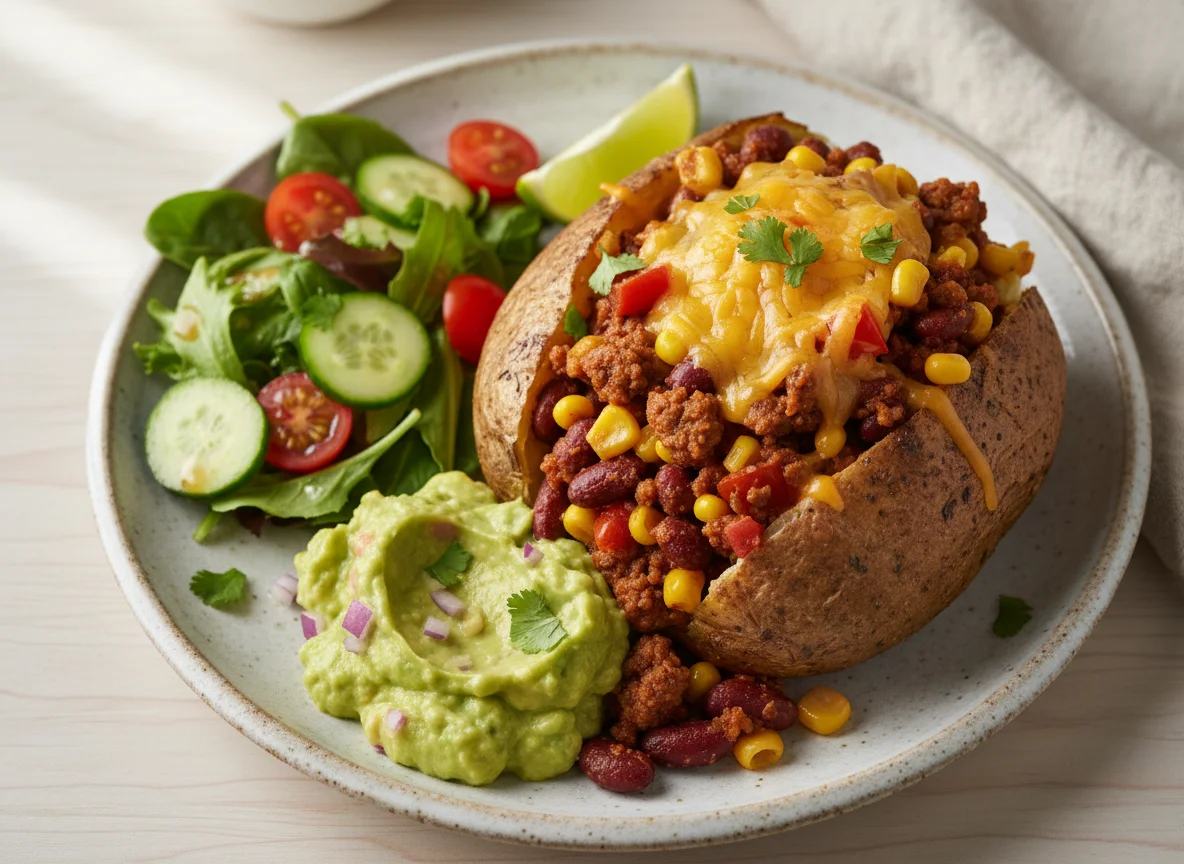 Gefüllte Ofenkartoffel mit Chili und Salat photo