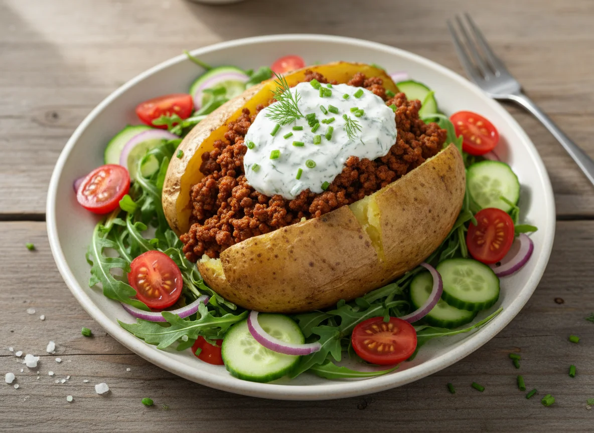 Gefüllte Ofenkartoffel mit Salat und Sauce photo