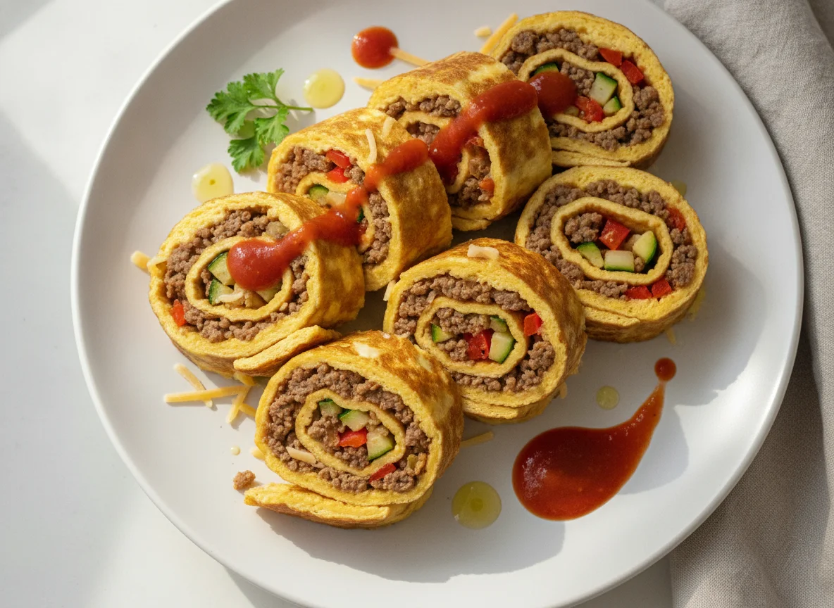 Gefüllte Omelett-Rolle mit Hackfleisch und Gemüse photo