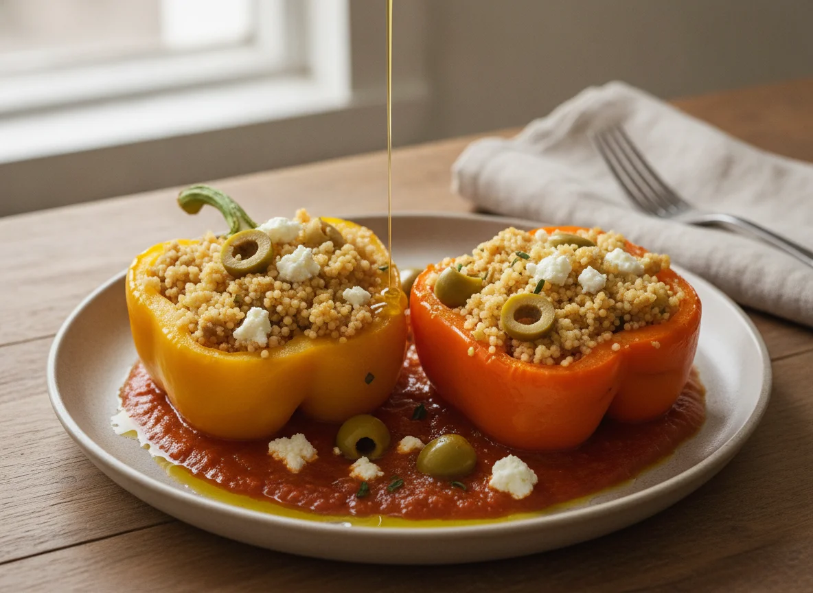 Gefüllte Paprika mit Couscous und Tomatensauce photo