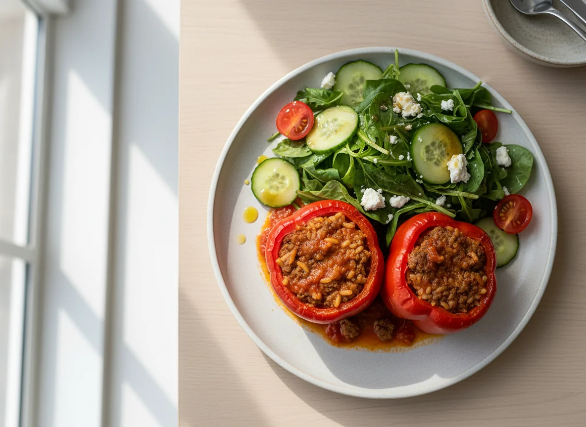 Gefüllte Paprika mit gemischtem Salat photo
