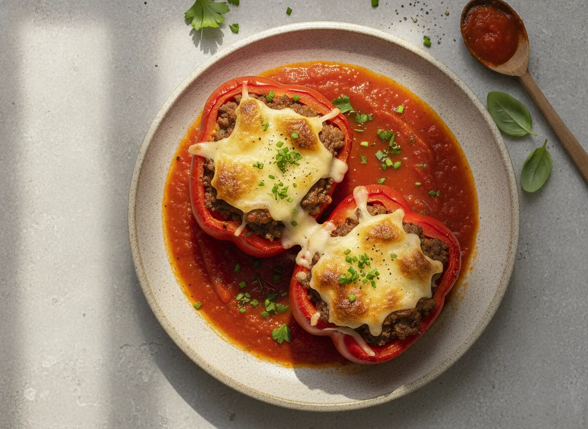 Gefüllte Paprika mit Hackfleisch und Käse überbacken photo