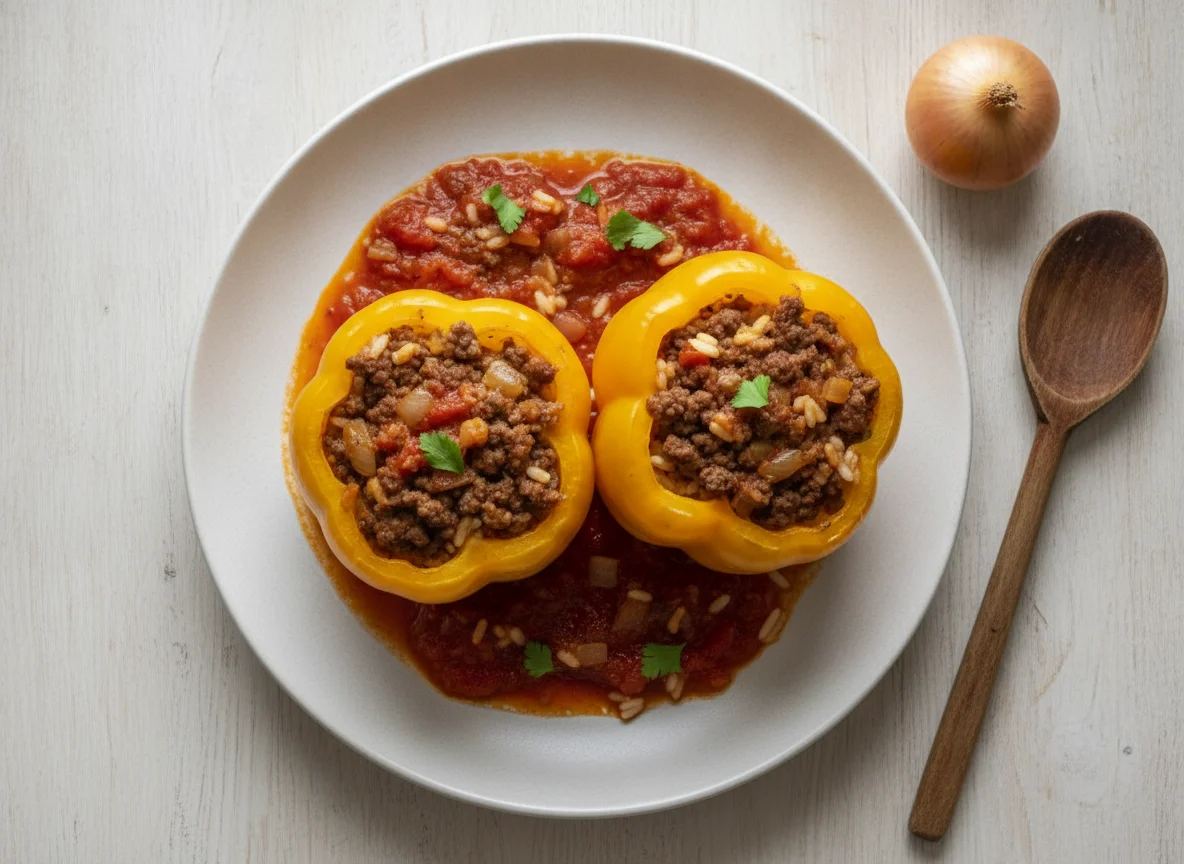 Gefüllte Paprika mit Hackfleisch und Tomatensauce photo