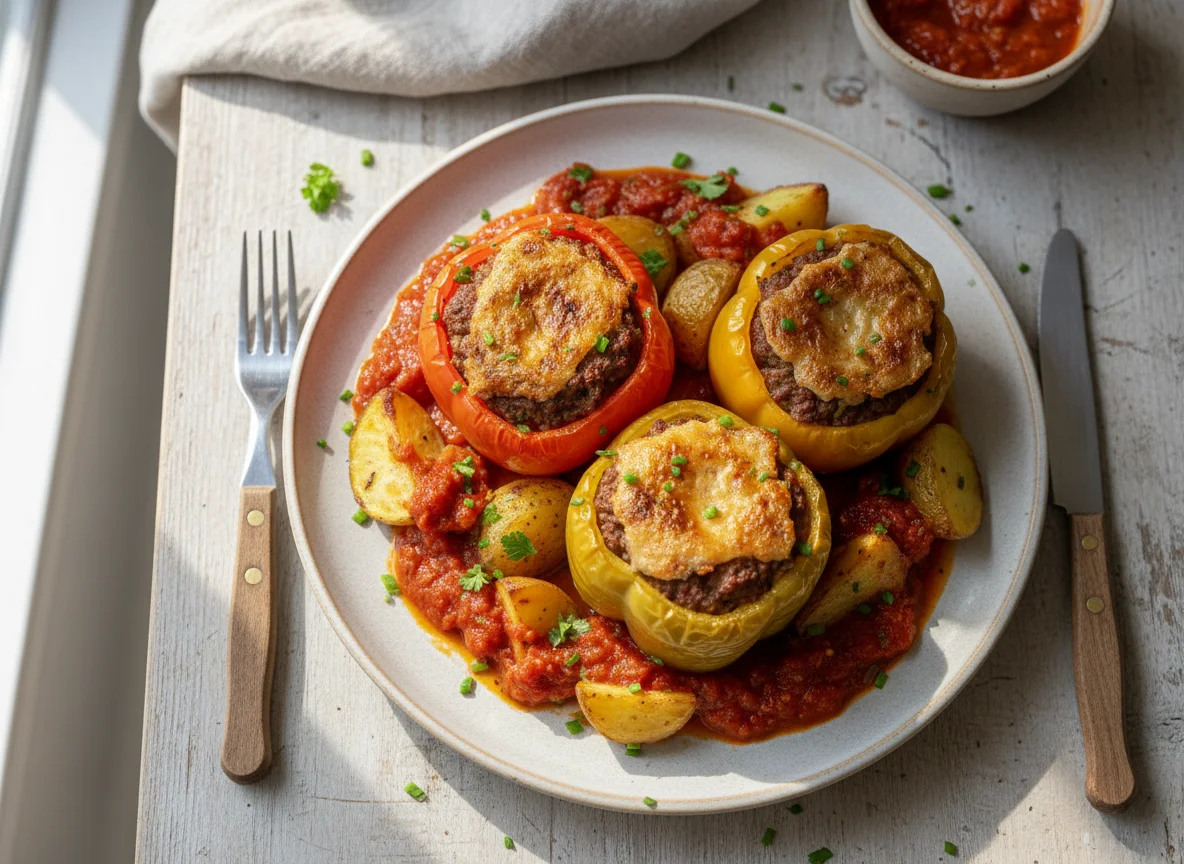 Gefüllte Paprika mit Kartoffeln und Soße photo