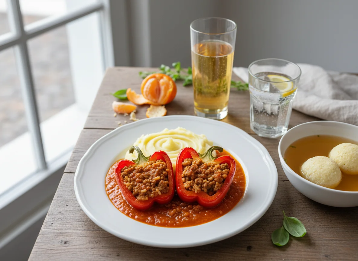 Gefüllte Paprika mit Kartoffelpüree und Suppe photo