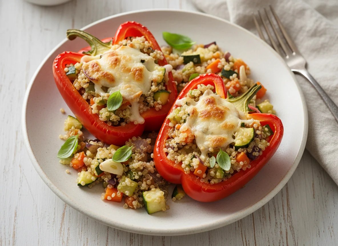 Gefüllte Paprika mit Quinoa und Gemüse, überbacken mit Light Mozzarella photo