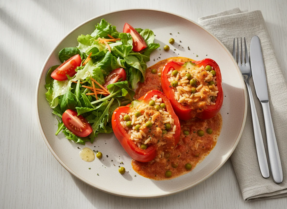 Gefüllte Paprika mit Reis und Salat photo