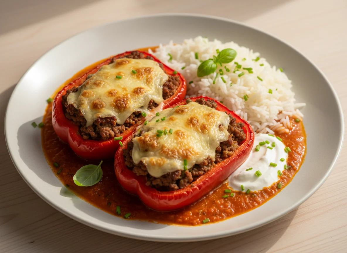 Gefüllte Paprika mit Reis und Soße photo