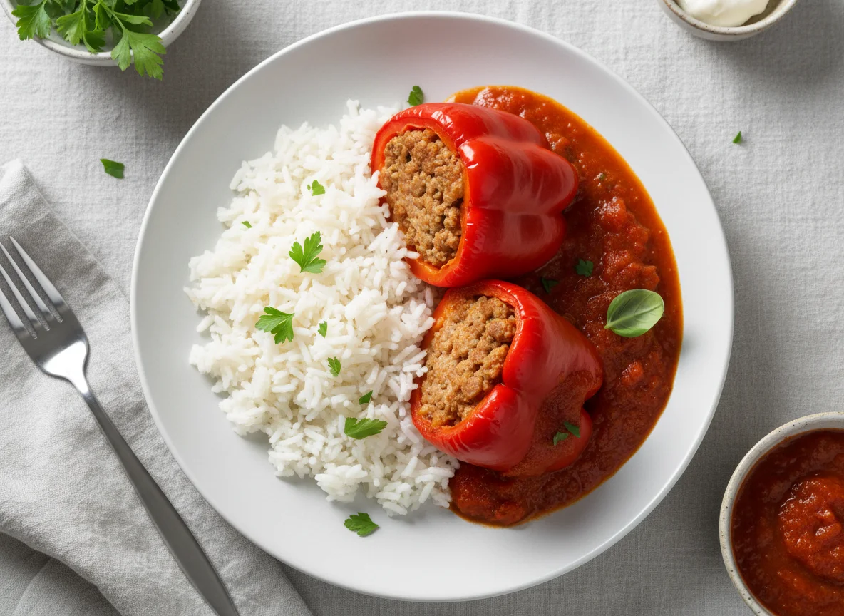Gefüllte Paprika mit Reis und Tomatensauce photo