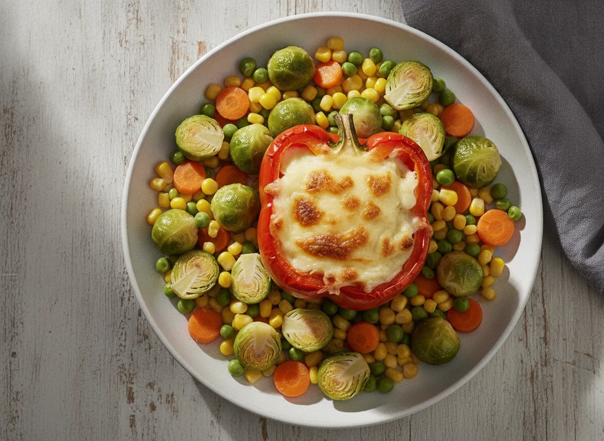 Gefüllte Paprika mit Rosenkohl und Mischgemüse photo