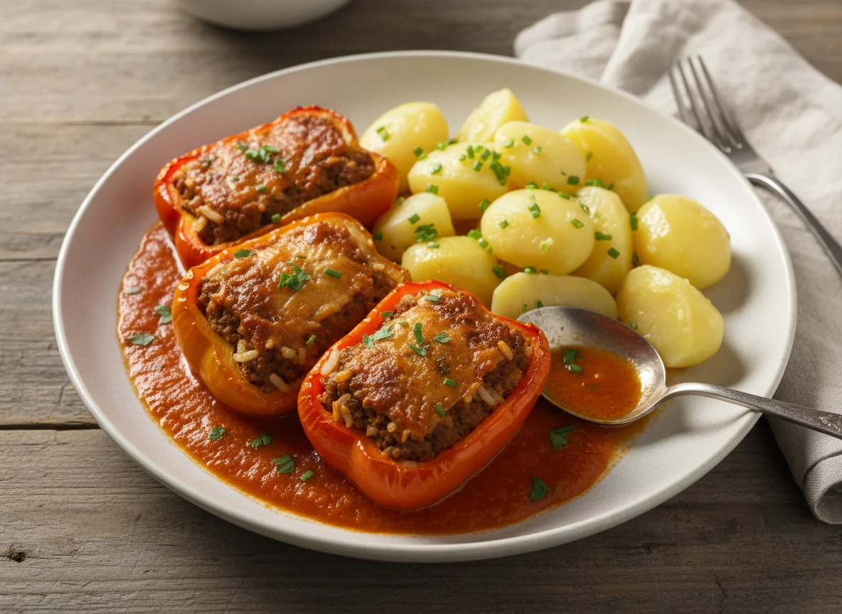 Gefüllte Paprika mit Salzkartoffeln photo