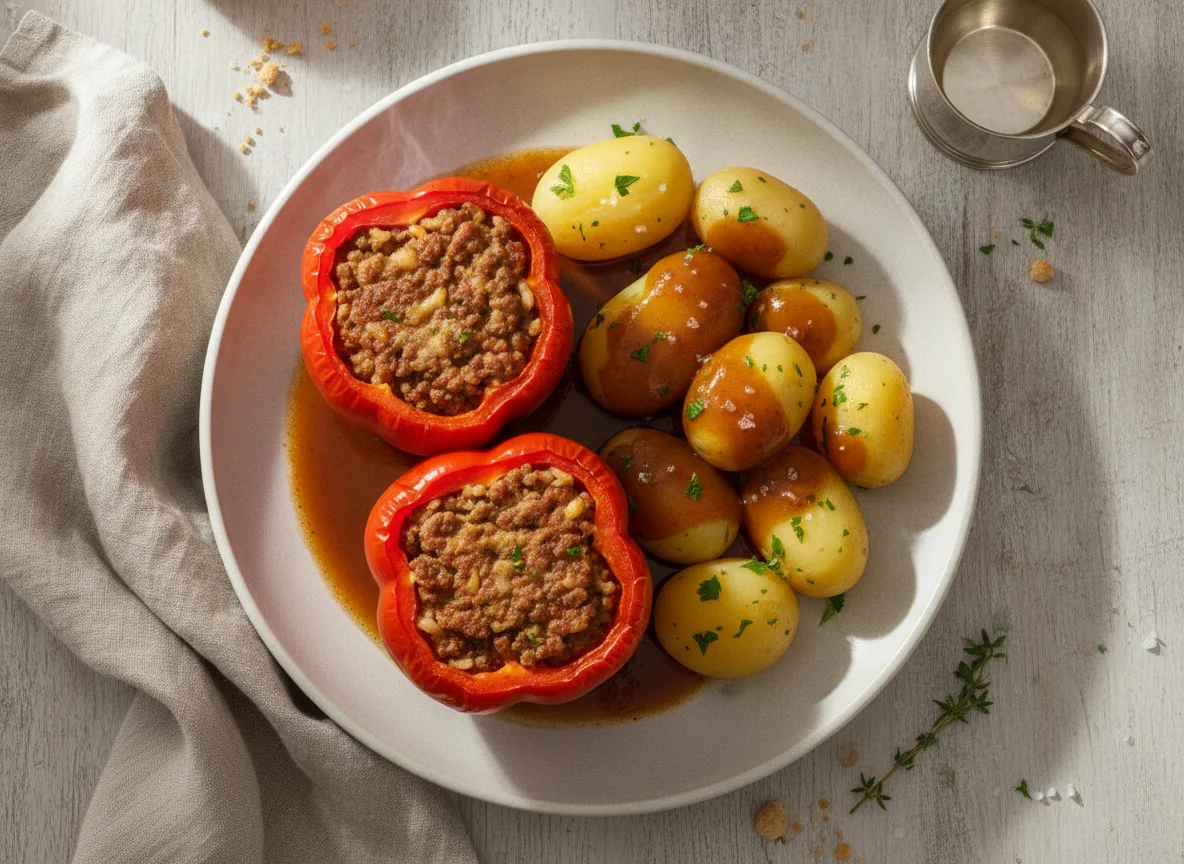Gefüllte Paprika mit Salzkartoffeln und Bratensoße photo