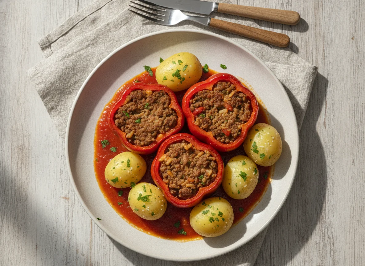 Gefüllte Paprika mit Salzkartoffeln und Sauce photo
