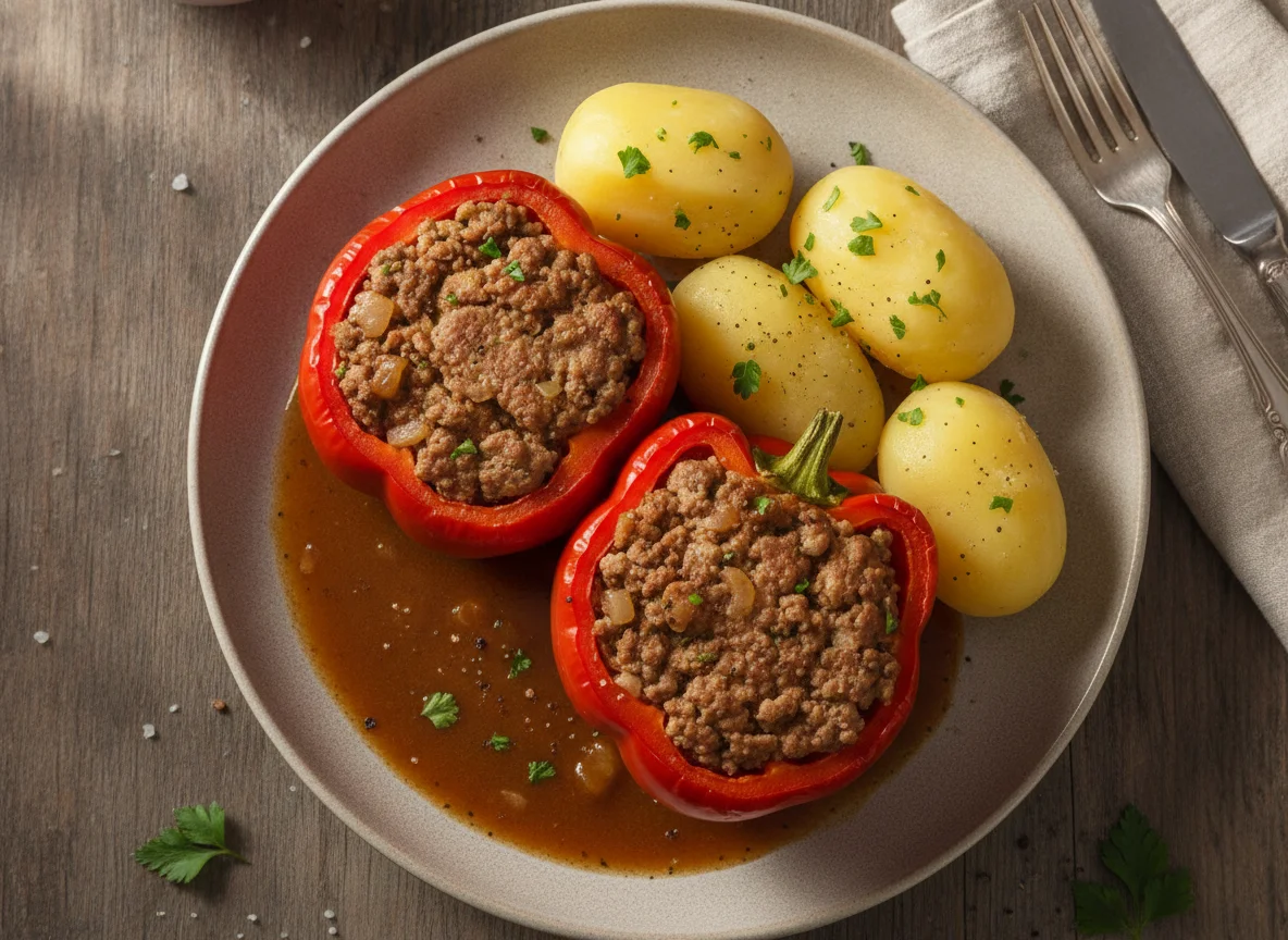 Gefüllte Paprika mit Salzkartoffeln und Soße photo