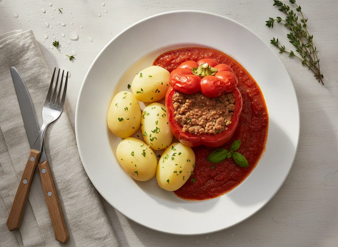 Gefüllte Paprika mit Salzkartoffeln und Tomatensauce photo