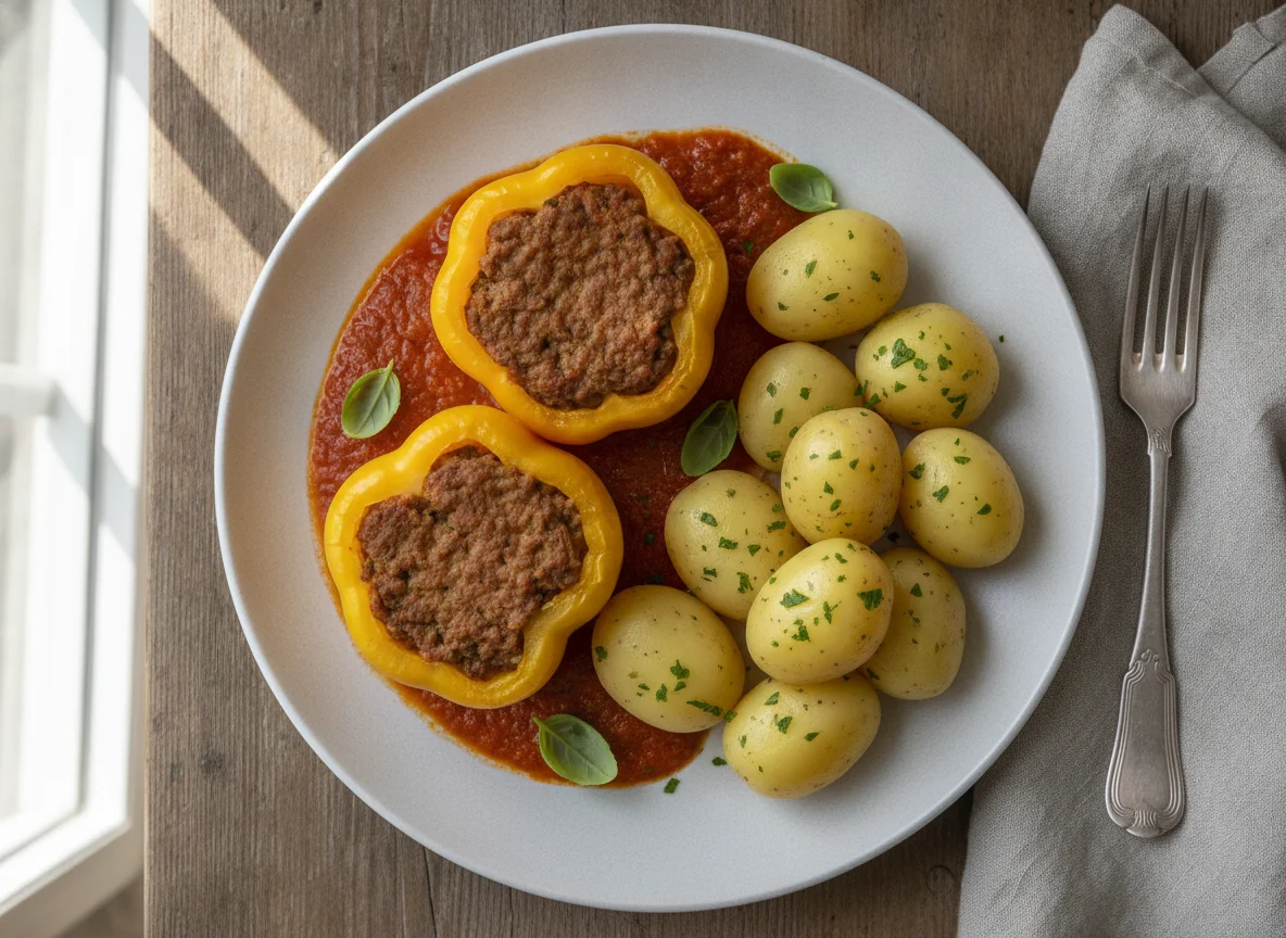 Gefüllte Paprika mit Salzkartoffeln und Tomatensoße photo