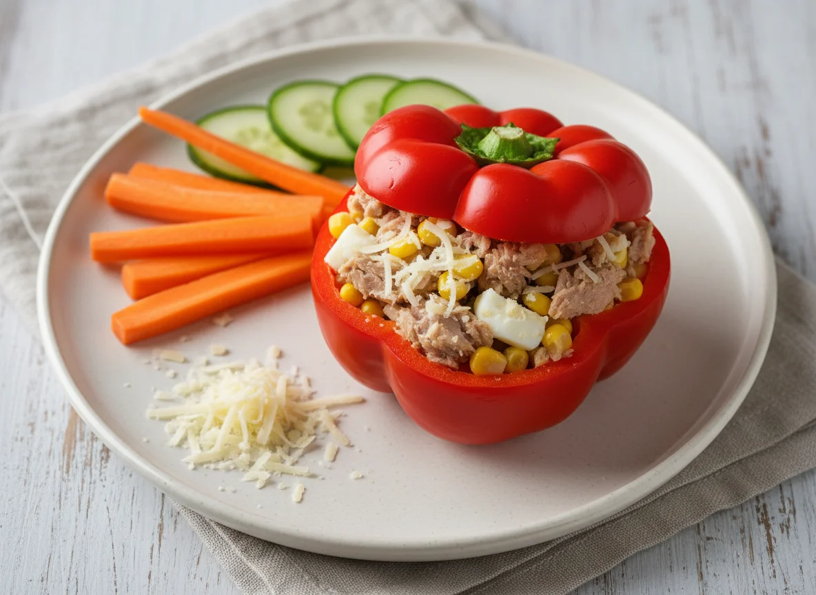 Gefüllte Paprika mit Thunfisch und Beilagen photo