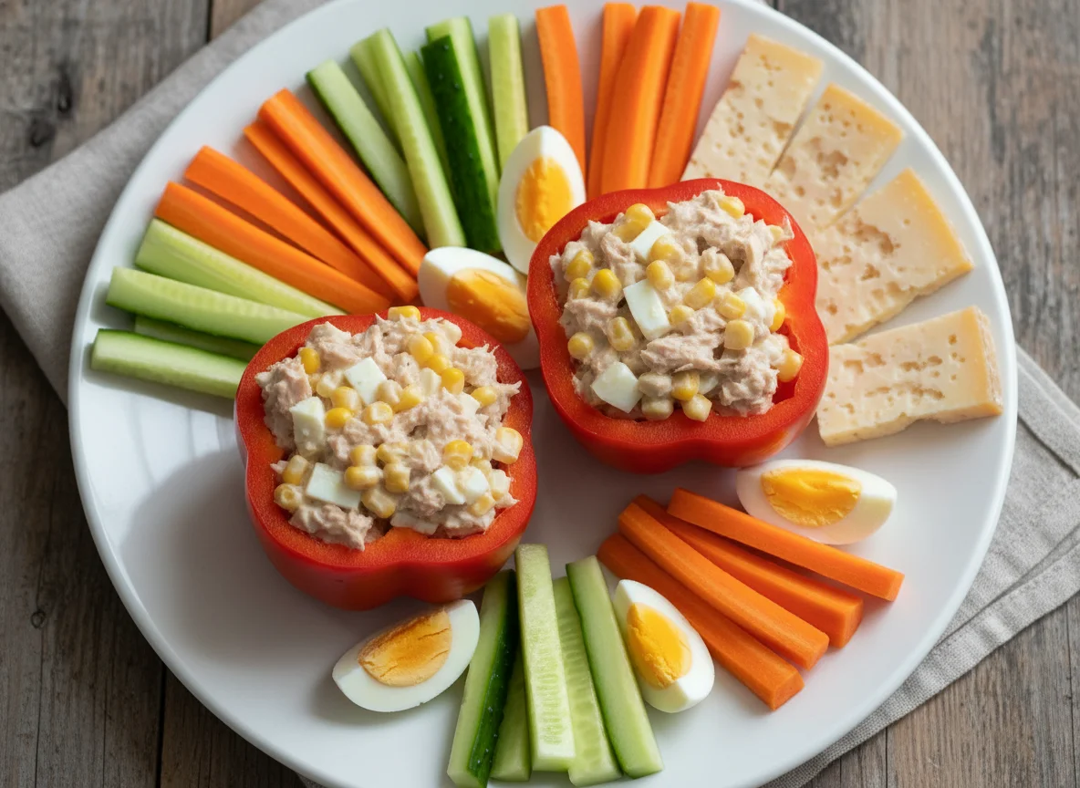 Gefüllte Paprika mit Thunfischsalat, Ei und Gemüsesticks photo