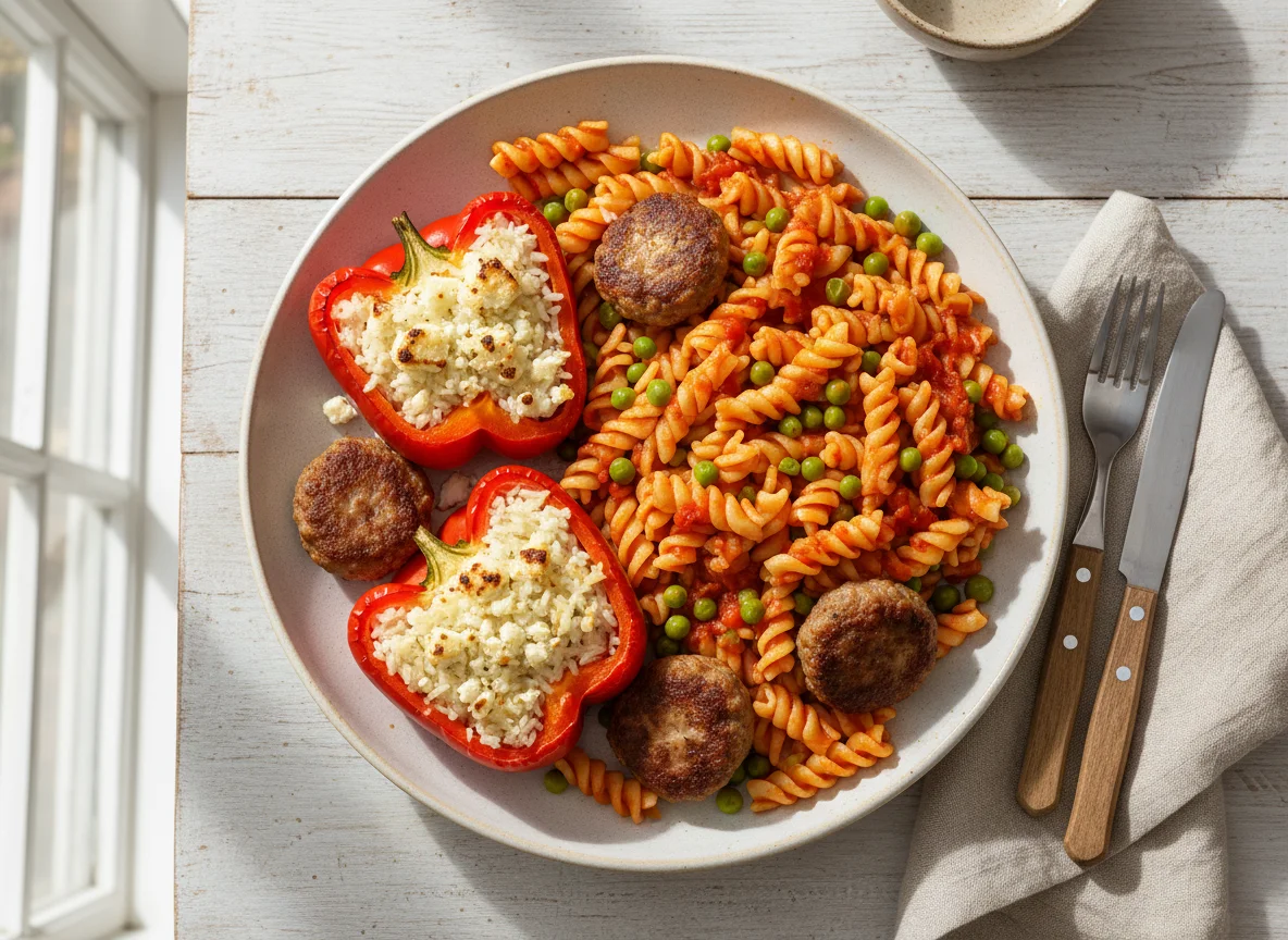 Gefüllte Paprika und Nudeln mit Frikadellen photo