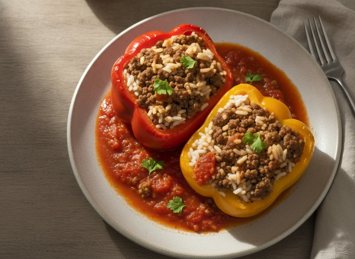 Gefüllte Peperoni mit Reis und Hackfleisch photo