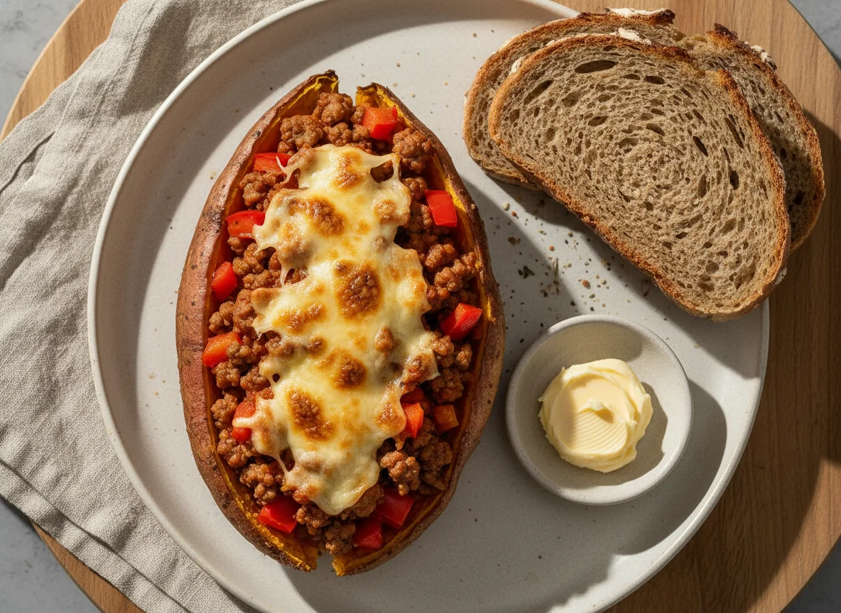 Gefüllte Süßkartoffel mit Brot und Butter photo