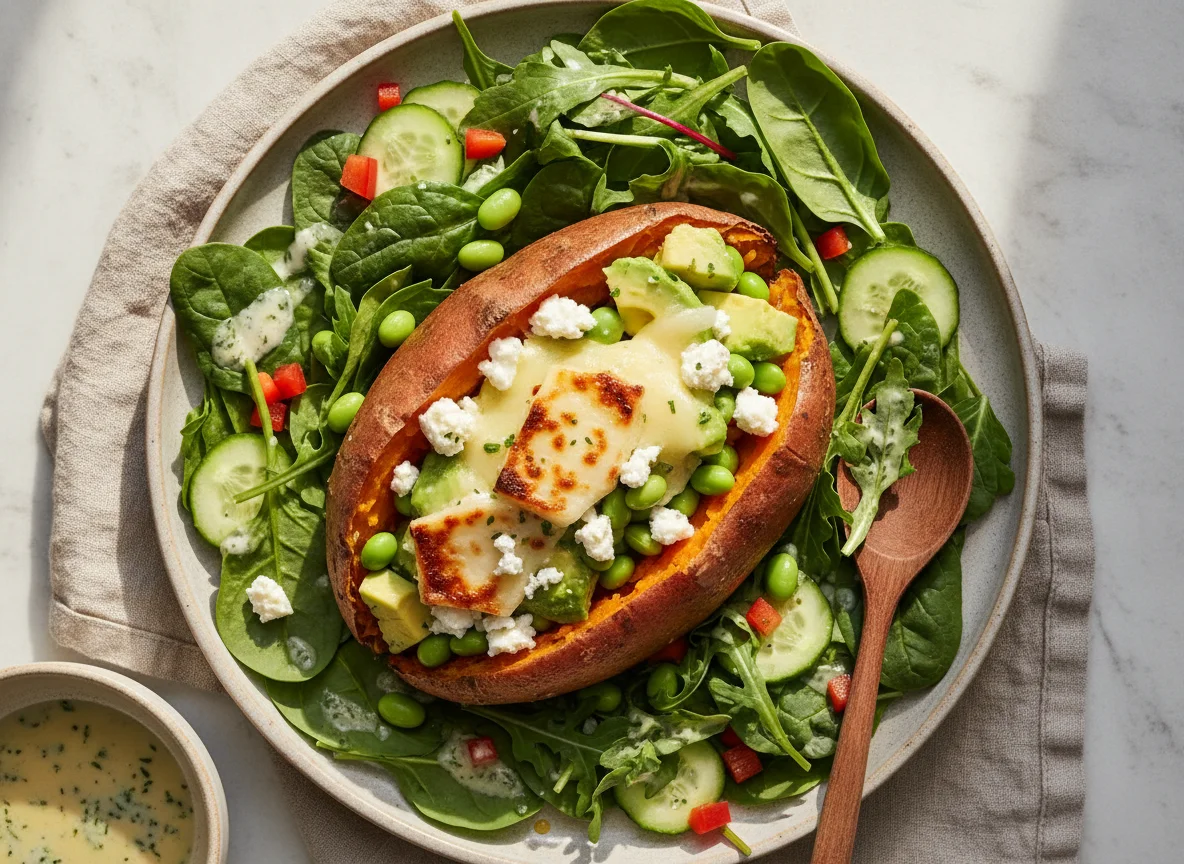 Gefüllte Süßkartoffel mit gemischtem Salat photo