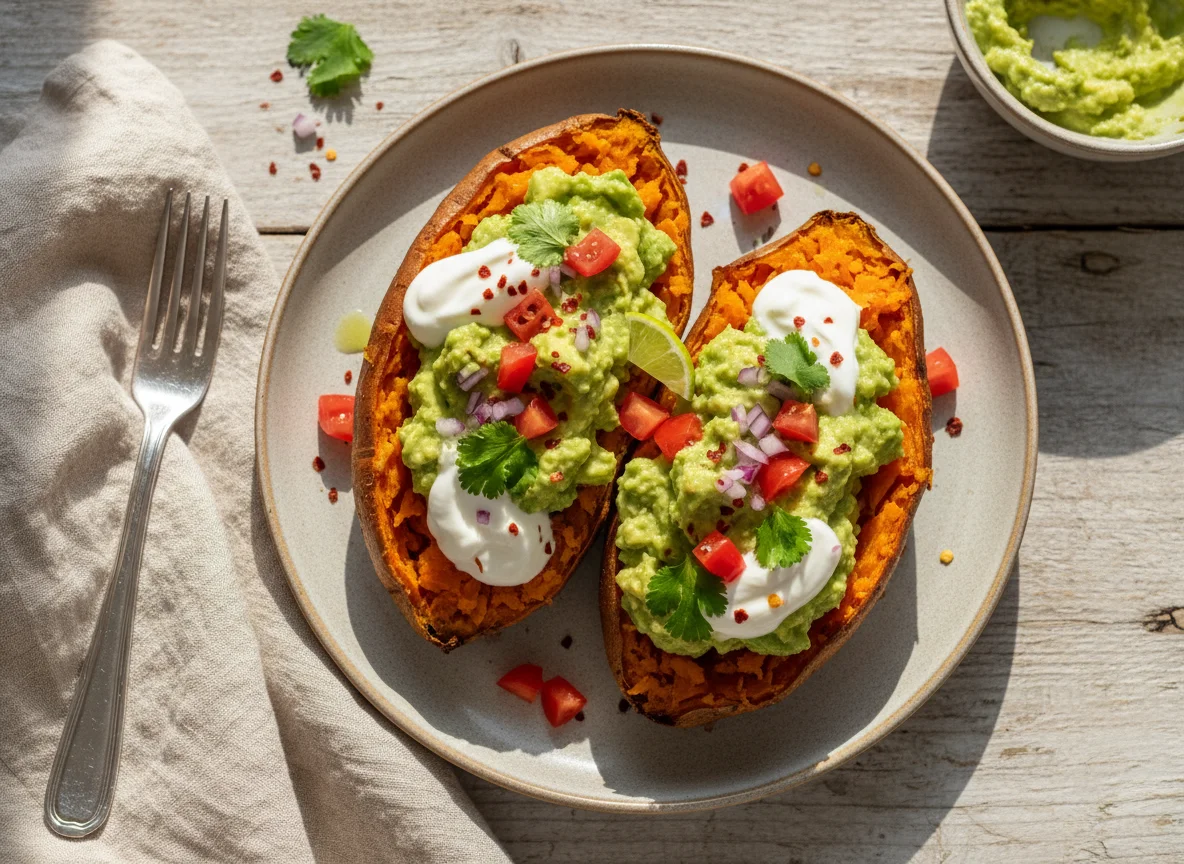 Gefüllte Süßkartoffel mit Guacamole und Joghurt photo