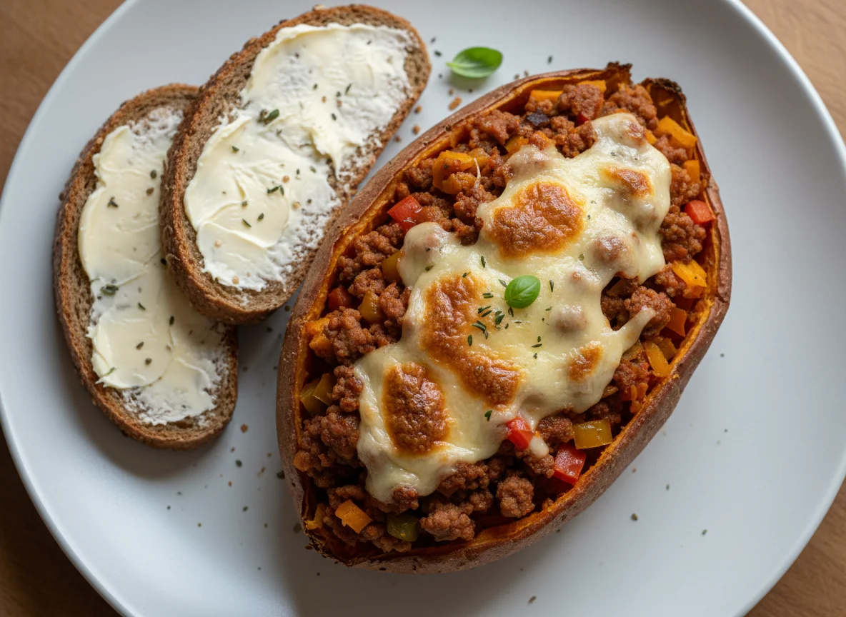 Gefüllte Süßkartoffel mit Hackfleisch und Butterbrot photo