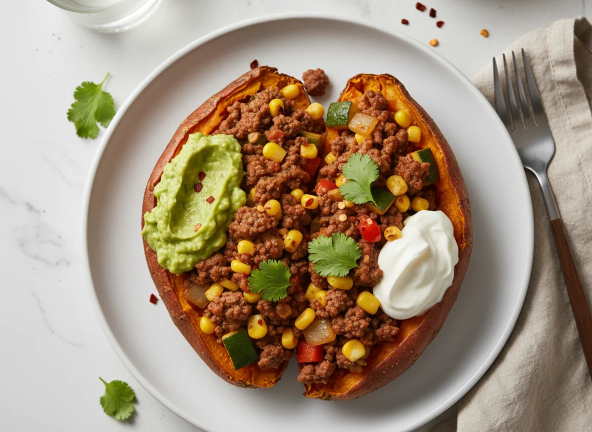 Gefüllte Süßkartoffel mit Hackfleisch und Gemüse photo