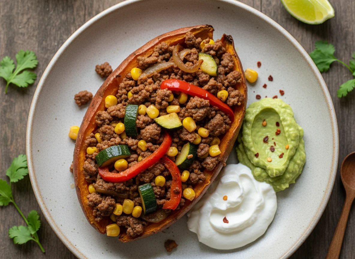 Gefüllte Süßkartoffel mit Hackfleisch und Guacamole photo