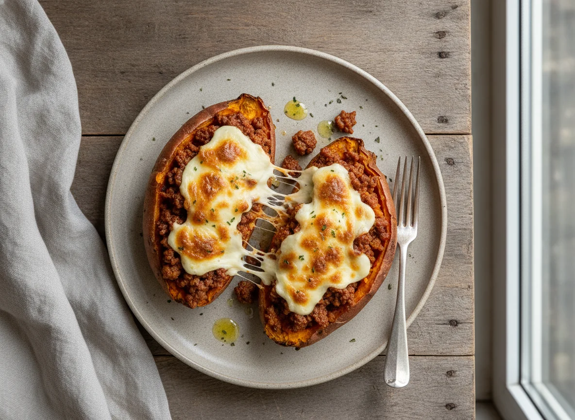 Gefüllte Süßkartoffel mit Hackfleisch und Käse photo