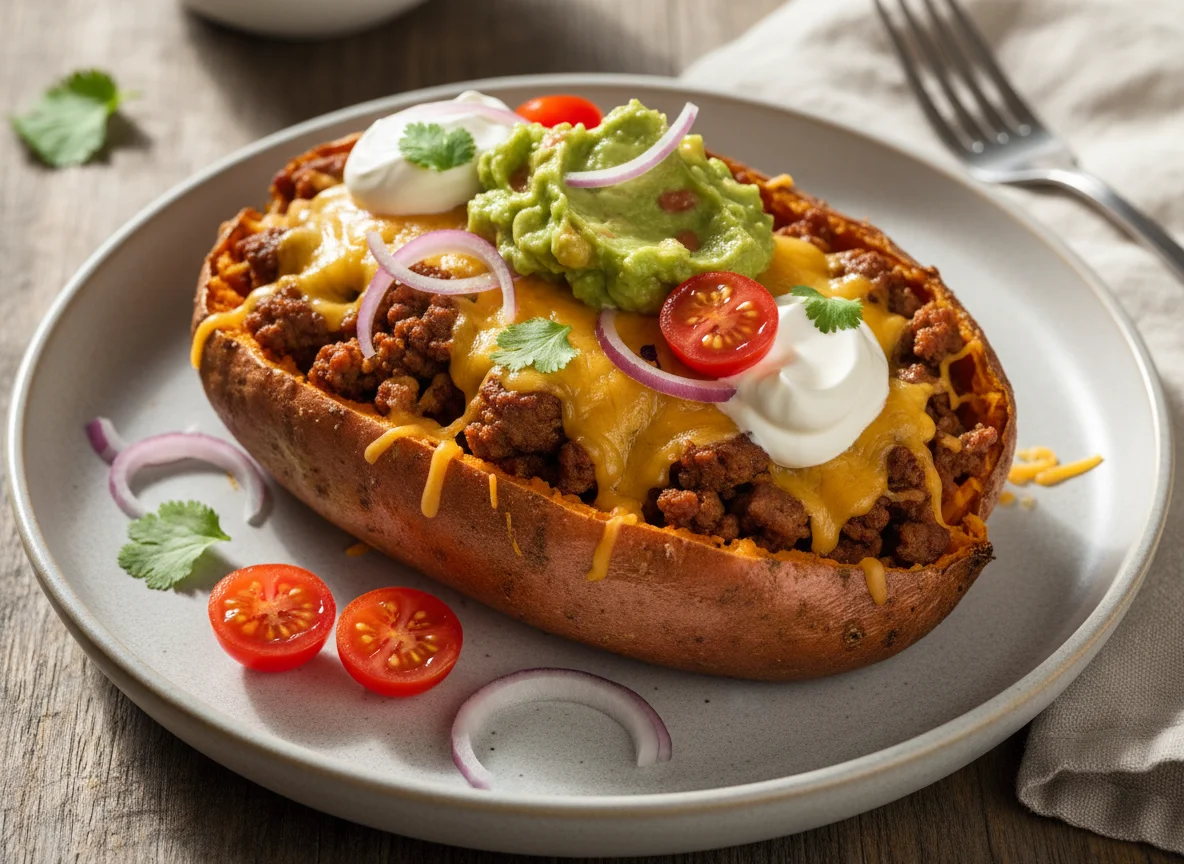 Gefüllte Süßkartoffel mit Hackfleisch und Toppings photo