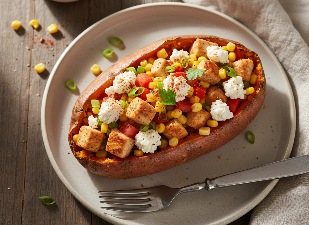 Gefüllte Süßkartoffel mit Hähnchen und Feta photo