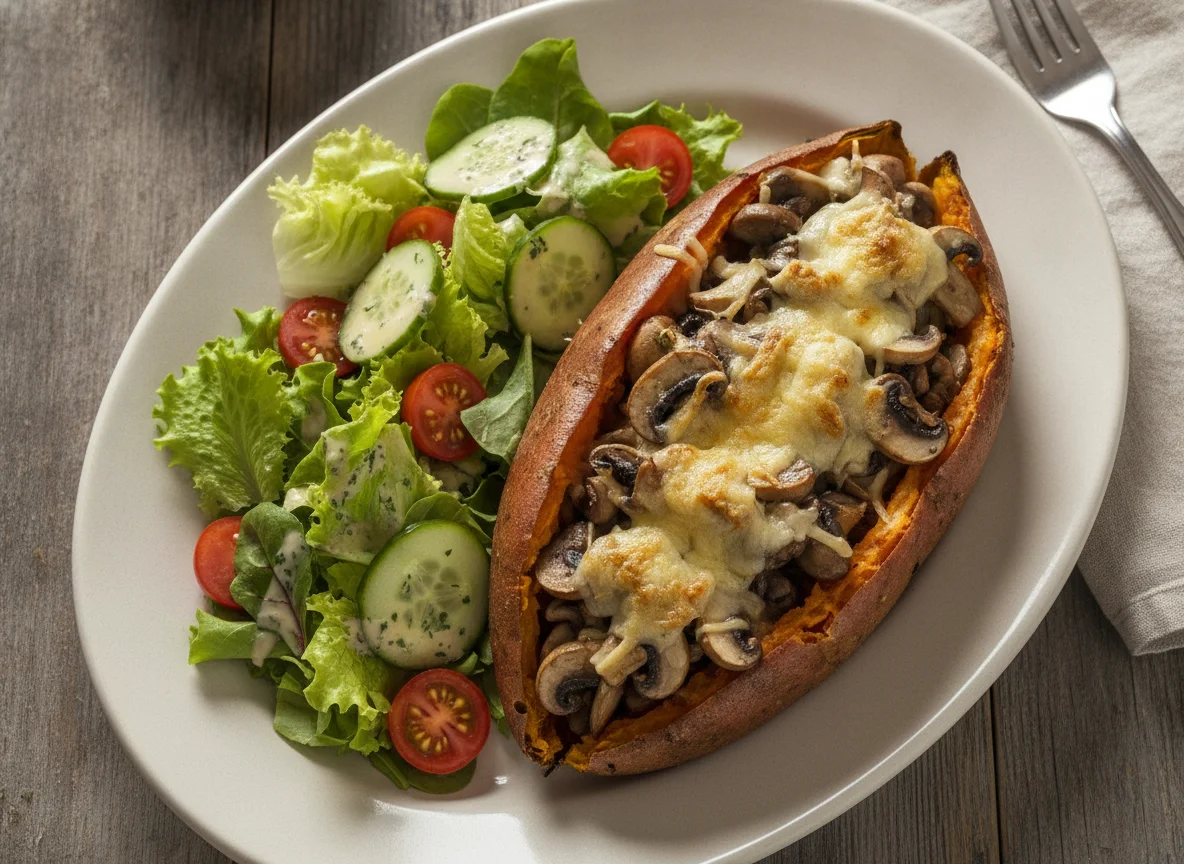 Gefüllte Süßkartoffel mit Pilzen und Salat photo