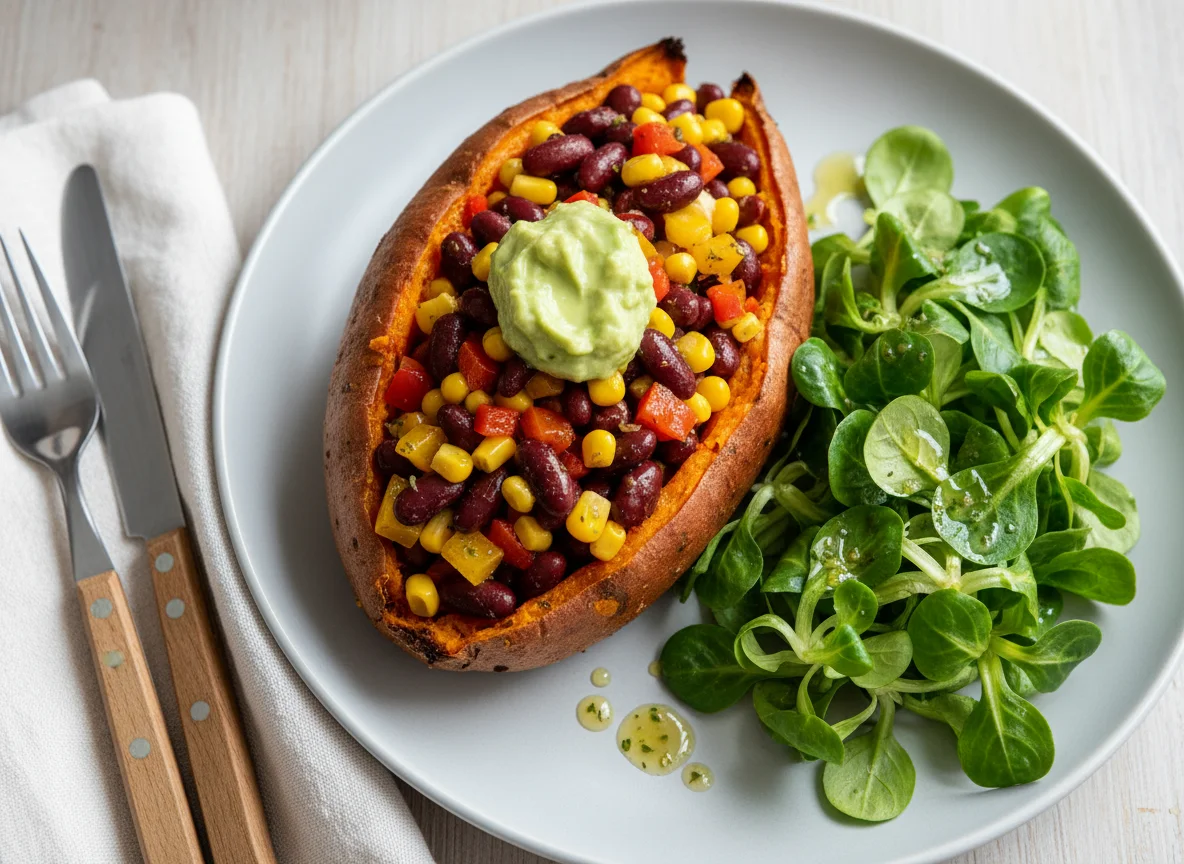 Gefüllte Süßkartoffel mit Salat photo