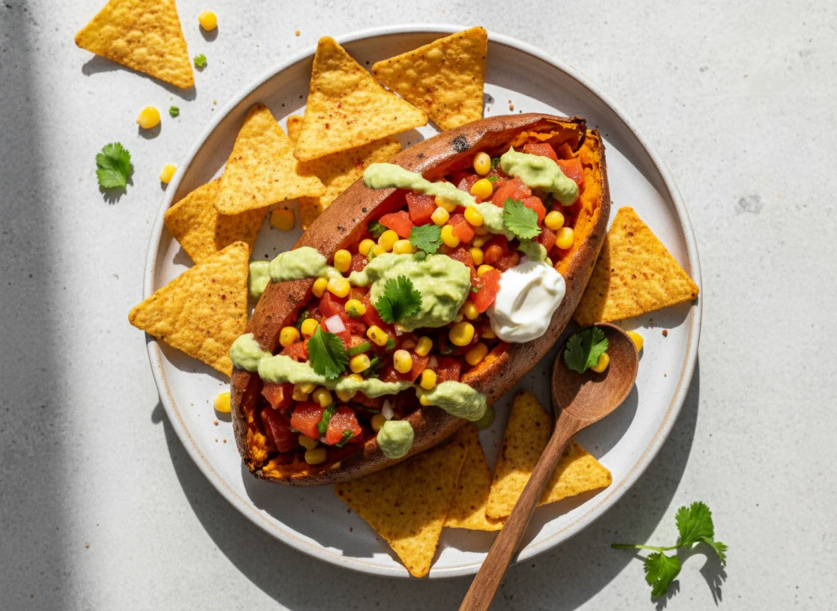 Gefüllte Süßkartoffel mit Salsa und Nachos photo