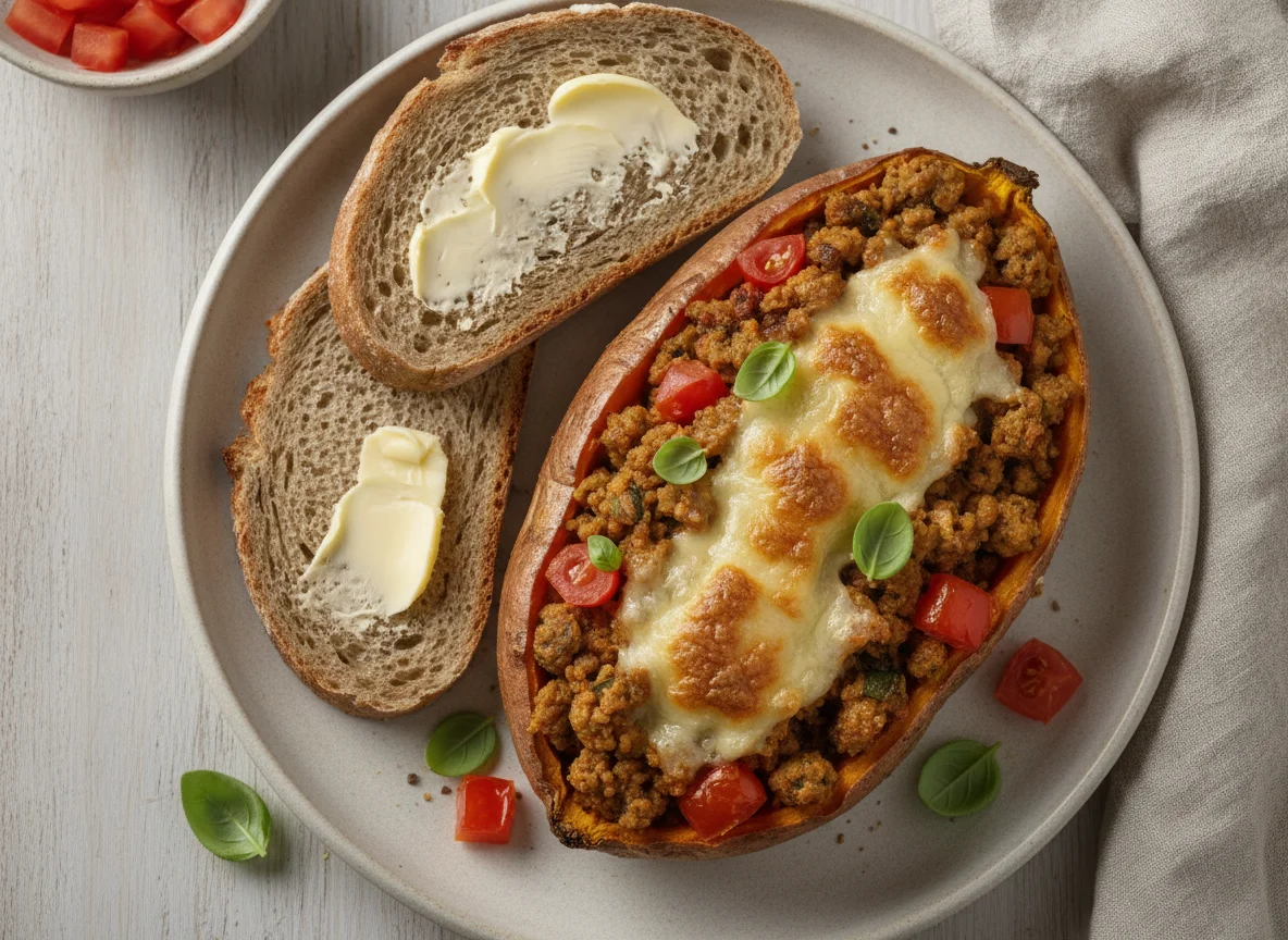 Gefüllte Süßkartoffel mit Veggie Hack und Brot photo