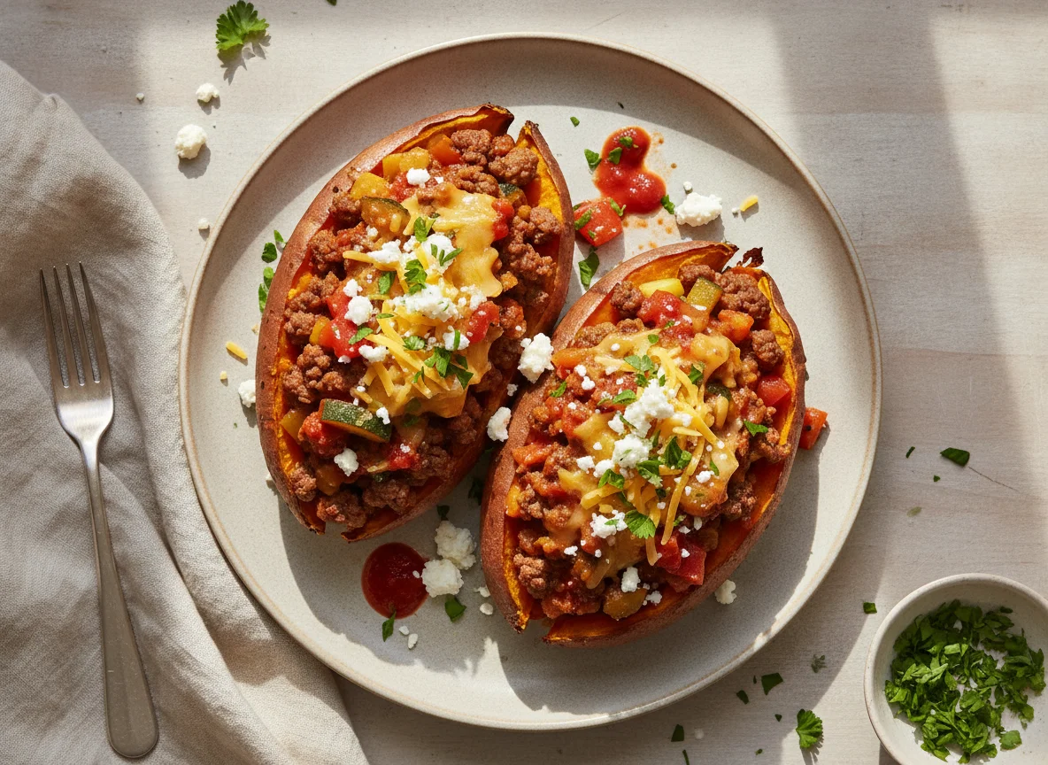 Gefüllte Süßkartoffeln mit Hackfleisch und Käse photo