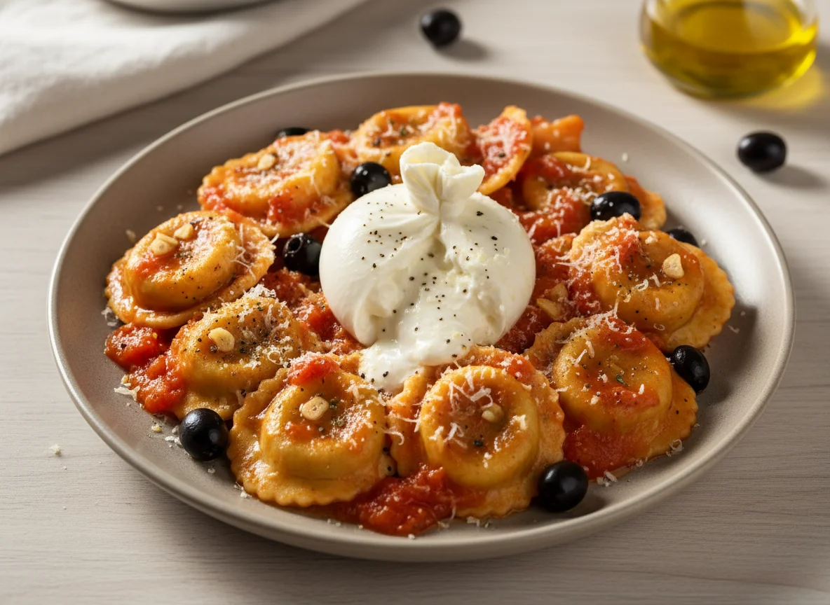 Gefüllte Teigtaschen mit Burrata und Tomatensauce photo