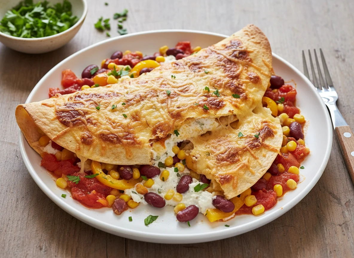 Gefüllte Tortilla mit Gemüse und Käse überbacken photo