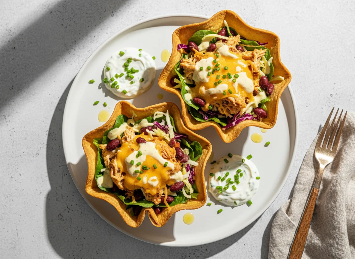 Gefüllte Tortilla-Schalen mit Salat und Dip photo