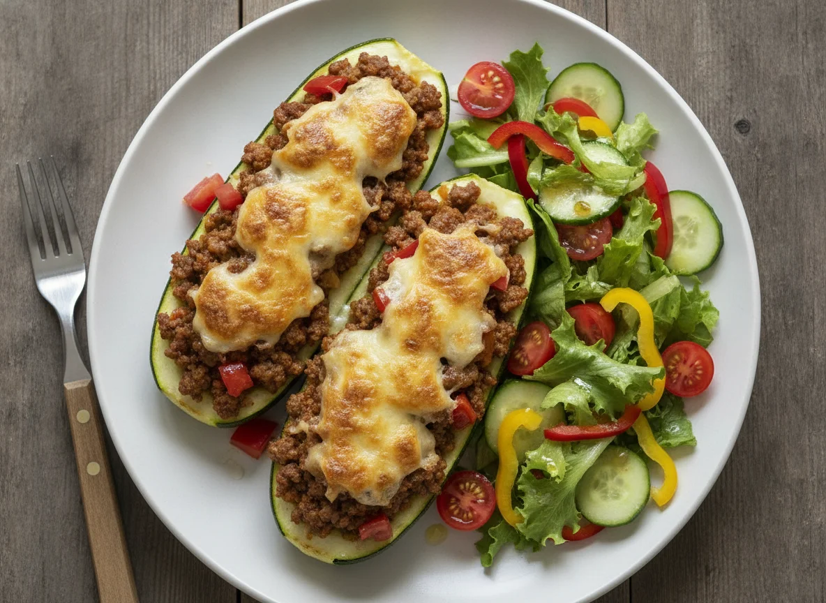 Gefüllte Zucchini mit Beilagensalat photo