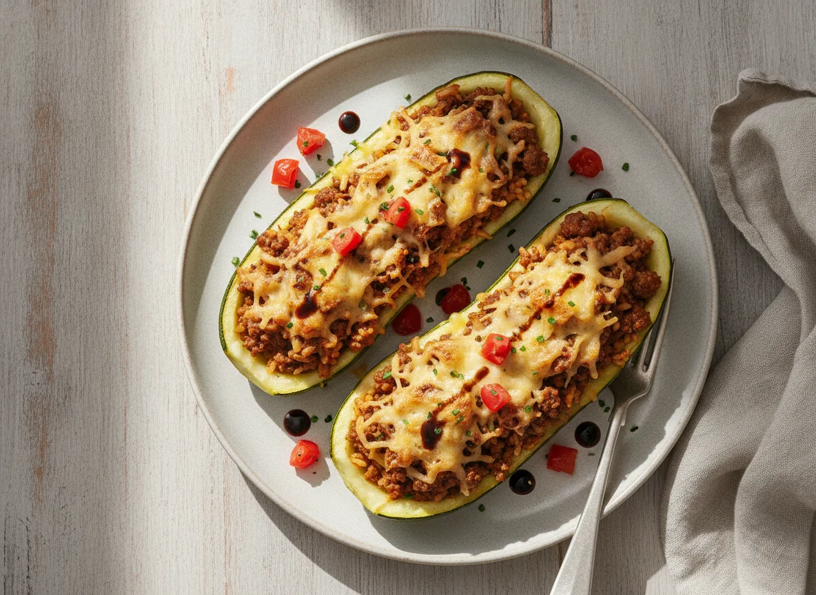 Gefüllte Zucchini mit Hackfleisch und Reis photo