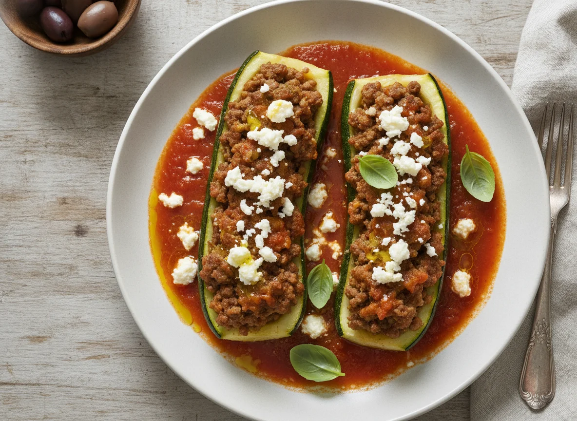 Gefüllte Zucchini mit Hackfleisch und Tomatensauce photo