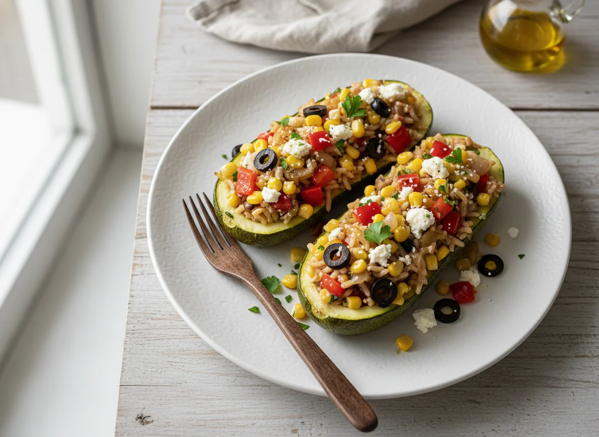 Gefüllte Zucchini mit Reis und Mais photo