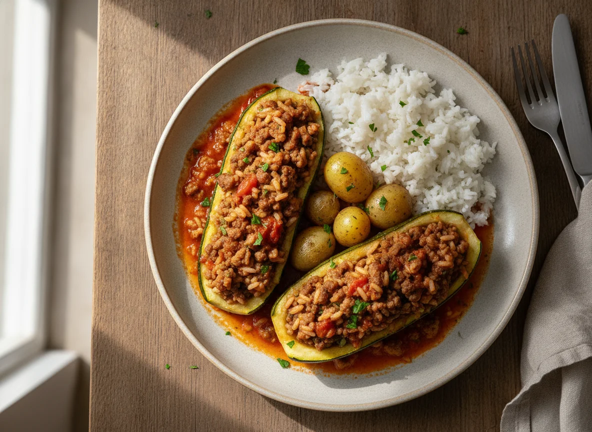 Gefüllte Zucchini mit Reis und Tomatensauce photo