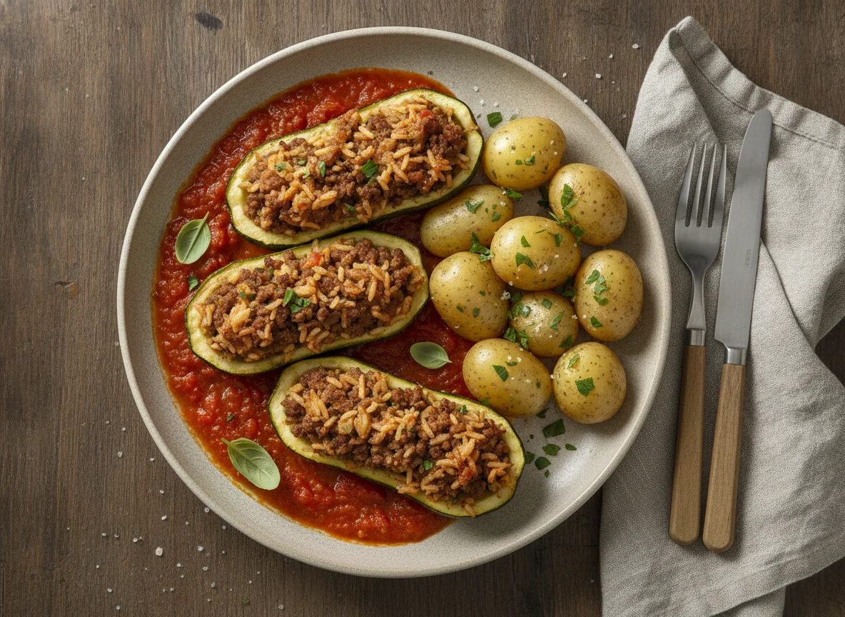 Gefüllte Zucchini mit Salzkartoffeln und Tomatensauce photo