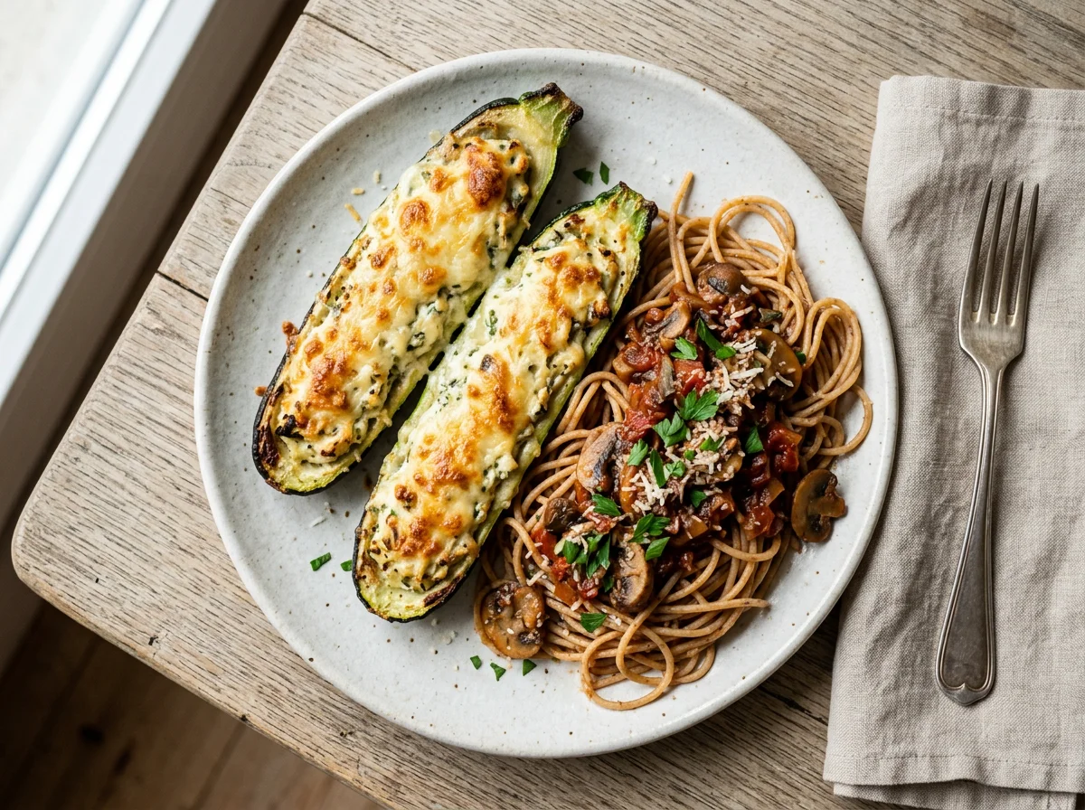 Gefüllte Zucchini mit Spaghetti und Tomatensauce photo